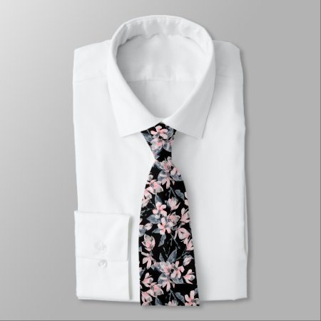 Pink & Gray Floral Watercolor Pattern Neck Tie