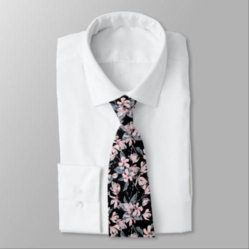 Pink  Gray Floral Watercolor Pattern Neck Tie