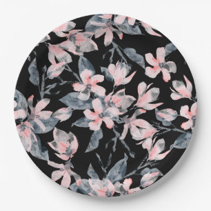 Pink & Gray Floral Watercolor Pattern Paper Plates