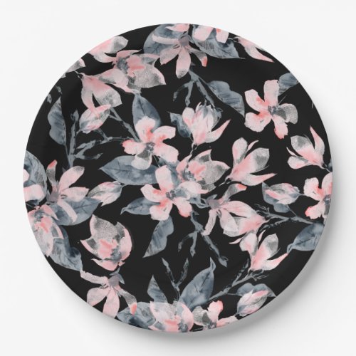 Pink  Gray Floral Watercolor Pattern Paper Plates