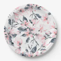 Pink Gray Floral Watercolor Pattern Paper Plates