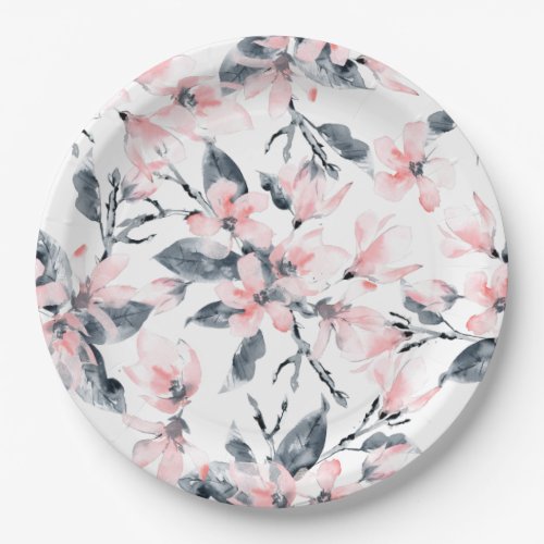 Pink  Gray Floral Watercolor Pattern Paper Plates
