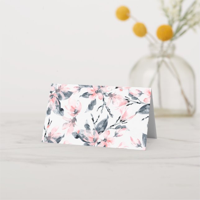 Pink & Gray Floral Watercolor Pattern Place Card (Front)