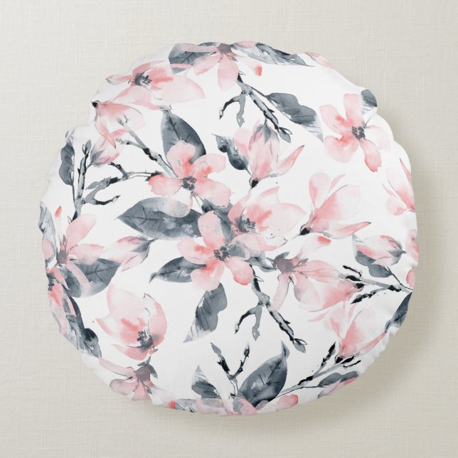 Pink & Gray Floral Watercolor Pattern Round Pillow (Front)