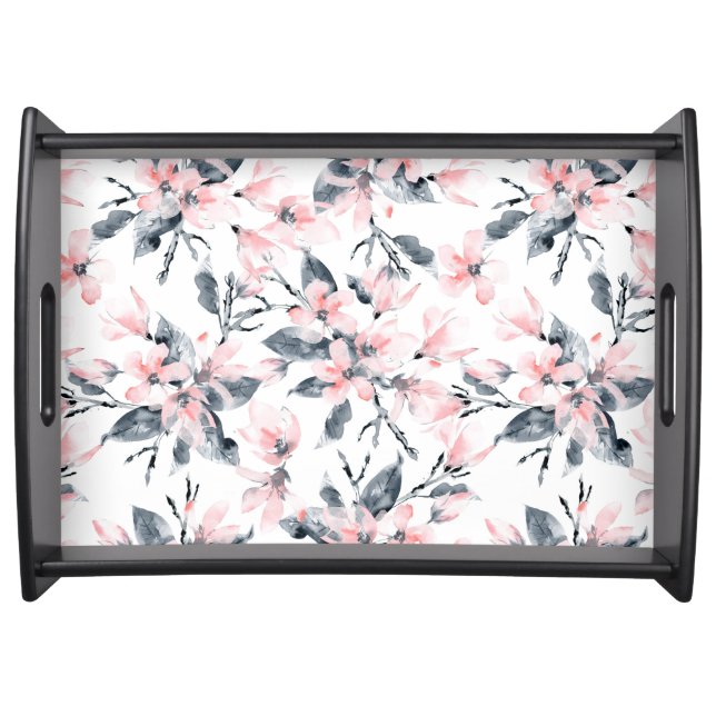 Pink & Gray Floral Watercolor Pattern Serving Tray (Front)