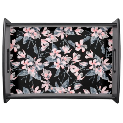 Pink  Gray Floral Watercolor Pattern Serving Tray