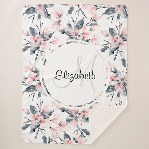 Pink  Gray Floral Watercolor Pattern Sherpa Blanket