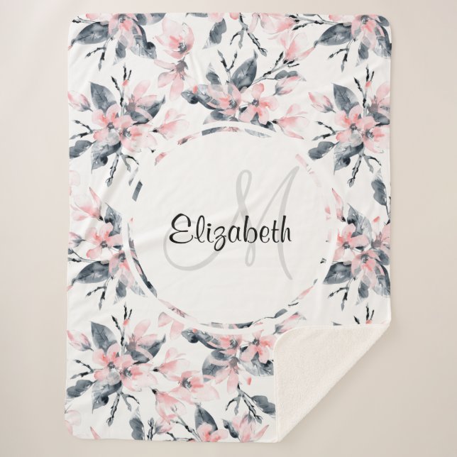 Pink & Gray Floral Watercolor Pattern Sherpa Blanket (Front)