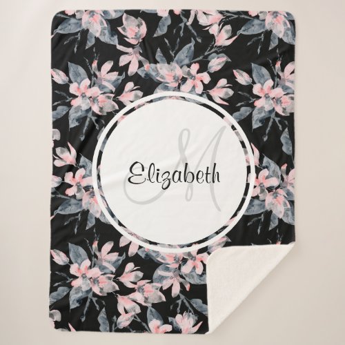 Pink  Gray Floral Watercolor Pattern Sherpa Blanket