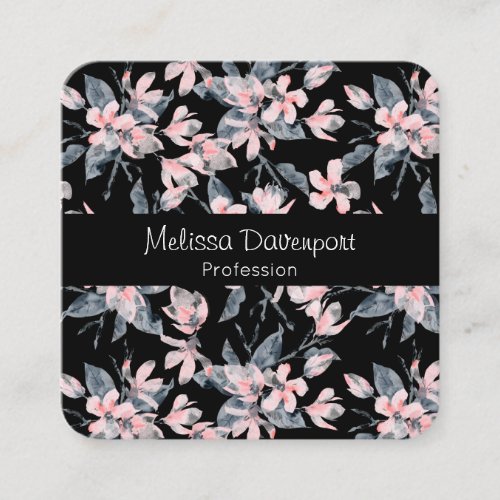 Pink  Gray Floral Watercolor Pattern Square Business Card