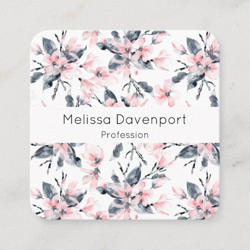 Pink  Gray Floral Watercolor Pattern Square Business Card