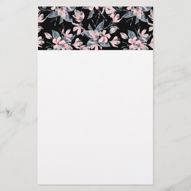 Pink & Gray Floral Watercolor Pattern Stationery (Front)