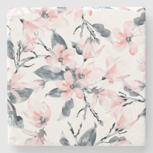 Pink  Gray Floral Watercolor Pattern Stone Coaster