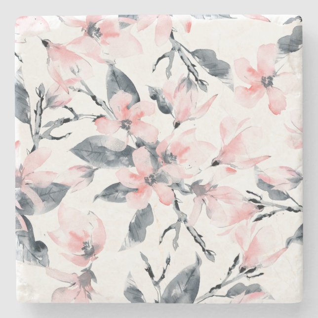 Pink & Gray Floral Watercolor Pattern Stone Coaster (Front)