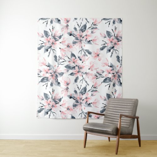 Pink  Gray Floral Watercolor Pattern Tapestry