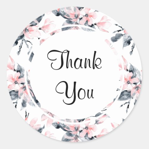 Pink  Gray Floral Watercolor Pattern Thank You Classic Round Sticker