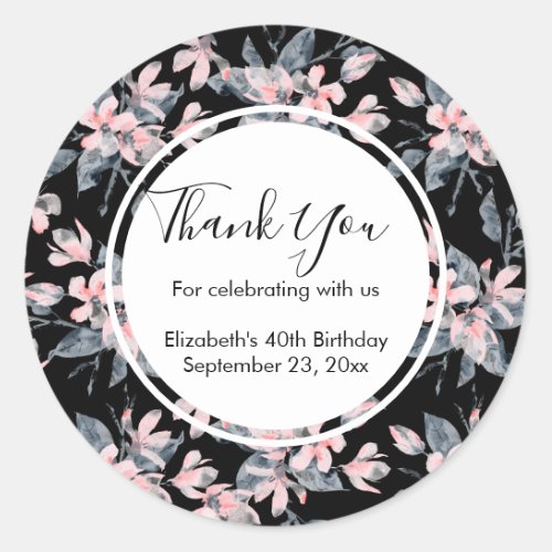 Pink  Gray Floral Watercolor Pattern Thank You Classic Round Sticker