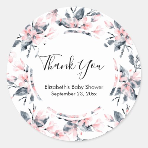 Pink  Gray Floral Watercolor Pattern Thank You Classic Round Sticker