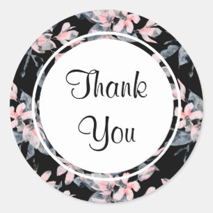 Pink & Gray Floral Watercolor Pattern Thank You Classic Round Sticker