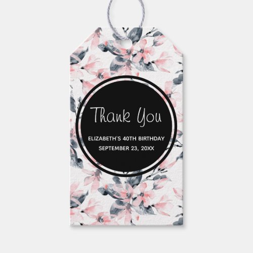 Pink  Gray Floral Watercolor Pattern Thank You Gift Tags
