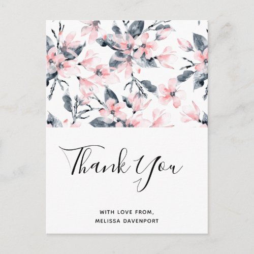 Pink  Gray Floral Watercolor Pattern Thank You Postcard