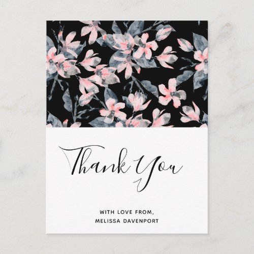 Pink  Gray Floral Watercolor Pattern Thank You Postcard