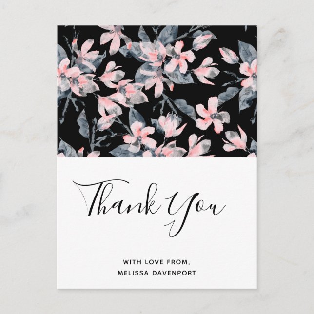 Pink & Gray Floral Watercolor Pattern Thank You Postcard (Front)
