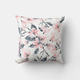 Pink & Gray Floral Watercolor Pattern Throw Pillow