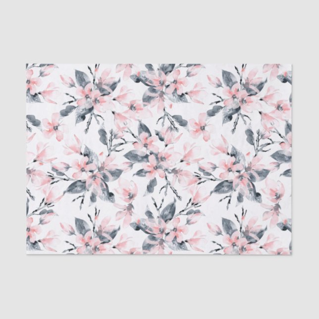 Pink & Gray Floral Watercolor Pattern Tissue Paper (Front)