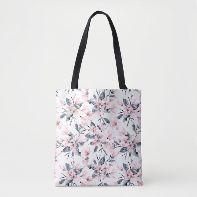 Pink & Gray Floral Watercolor Pattern Tote Bag (Front)
