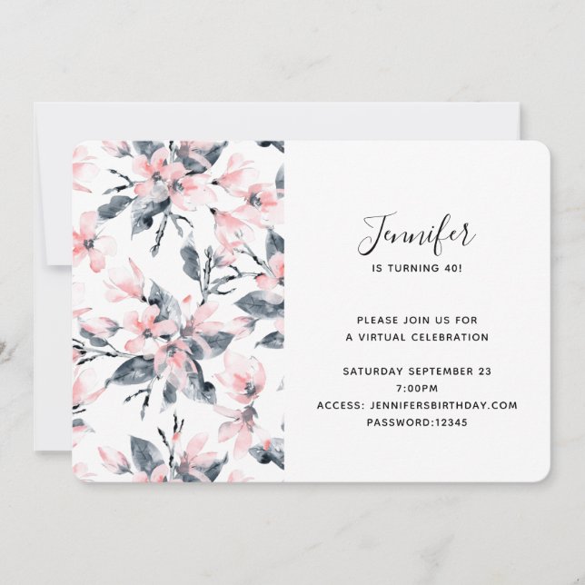 Pink & Gray Floral Watercolor Pattern Virtual Invitation (Front)