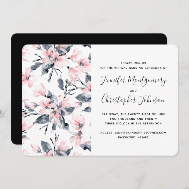 Pink & Gray Floral Watercolor Pattern Virtual Invitation (Front/Back)