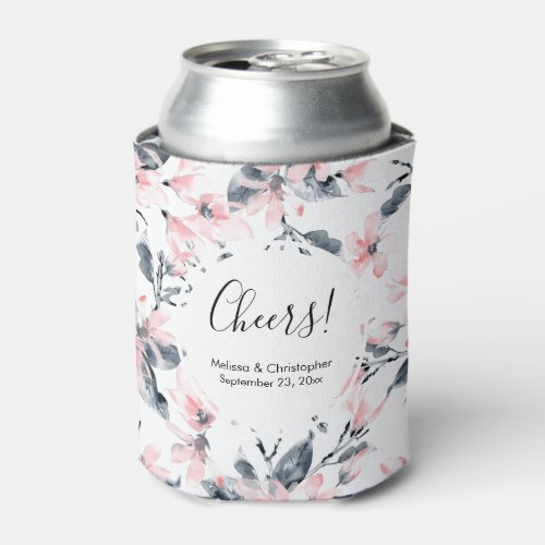 Pink  Gray Floral Watercolor Pattern Wedding Can Cooler