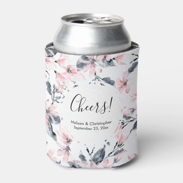 Pink & Gray Floral Watercolor Pattern Wedding Can Cooler (Can Front)