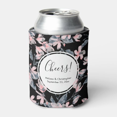 Pink  Gray Floral Watercolor Pattern Wedding Can Cooler