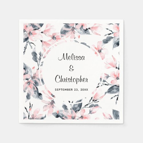 Pink  Gray Floral Watercolor Pattern Wedding Napkins