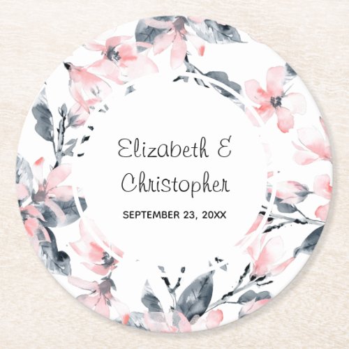 Pink  Gray Floral Watercolor Pattern Wedding Round Paper Coaster