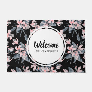 Pink & Gray Floral Watercolor Pattern Welcome Doormat