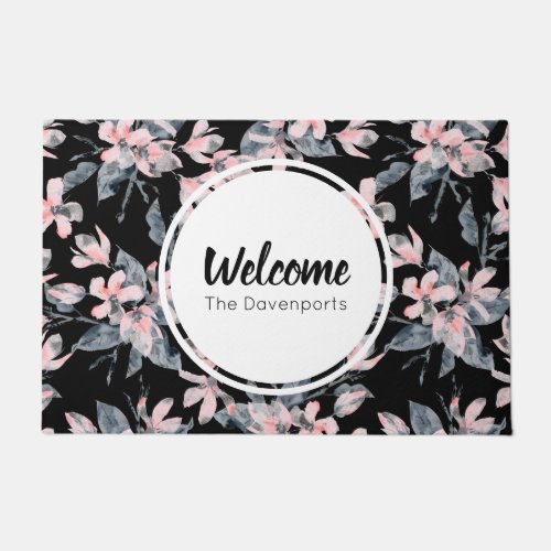 Pink  Gray Floral Watercolor Pattern Welcome Doormat