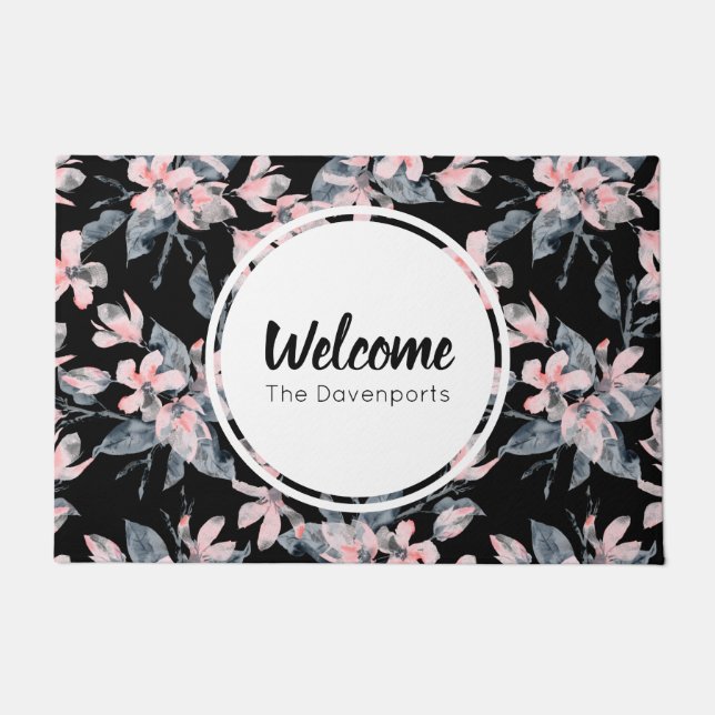 Pink & Gray Floral Watercolor Pattern Welcome Doormat (Front)