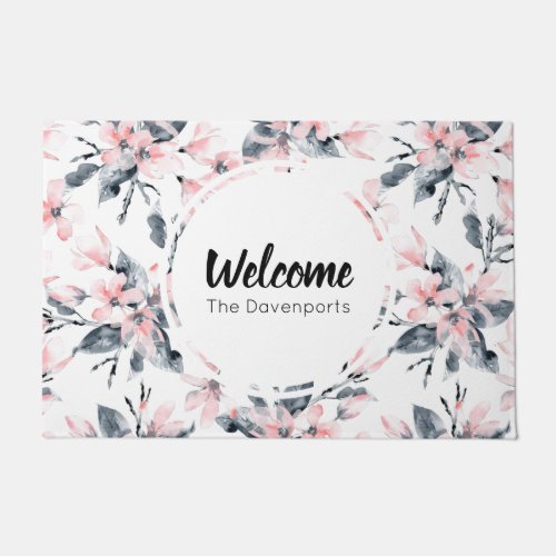 Pink  Gray Floral Watercolor Pattern Welcome Doormat