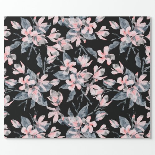 Pink  Gray Floral Watercolor Pattern Wrapping Paper