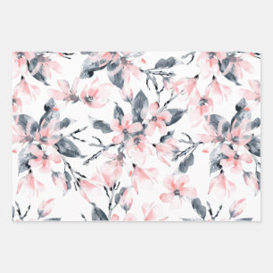 Pink & Gray Floral Watercolor Pattern Wrapping Paper Sheets