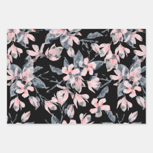 Pink & Gray Floral Watercolor Pattern Wrapping Paper Sheets