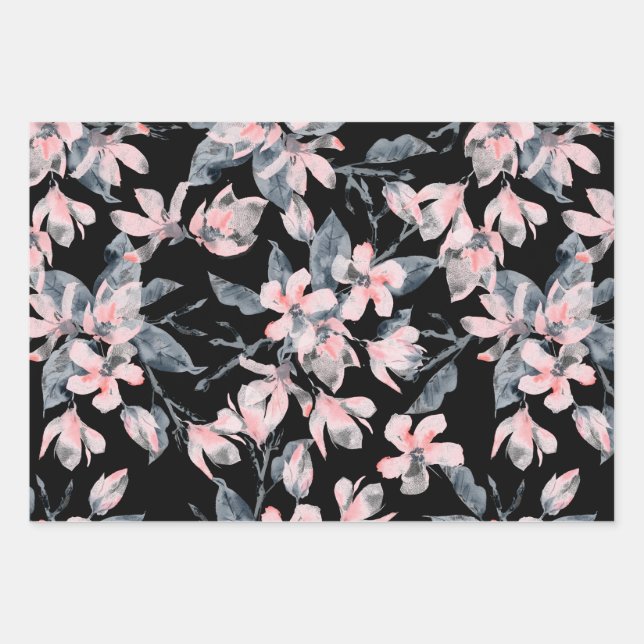 Pink & Gray Floral Watercolor Pattern Wrapping Paper Sheets (Front)