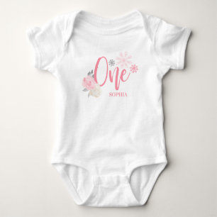 Pink Gray Floral Winter ONEderland 1st Birthday Baby Bodysuit