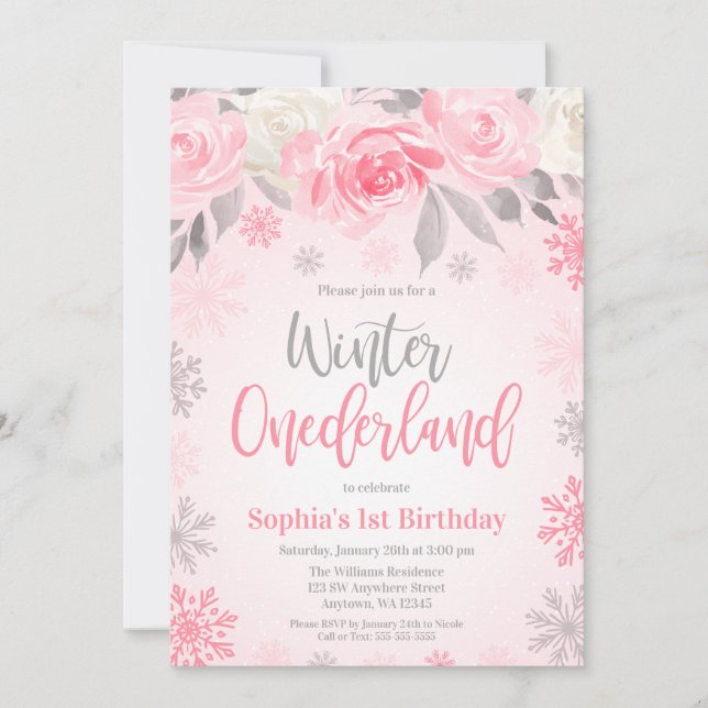 Pink Gray Floral Winter ONEderland 1st Birthday Invitation (Front)