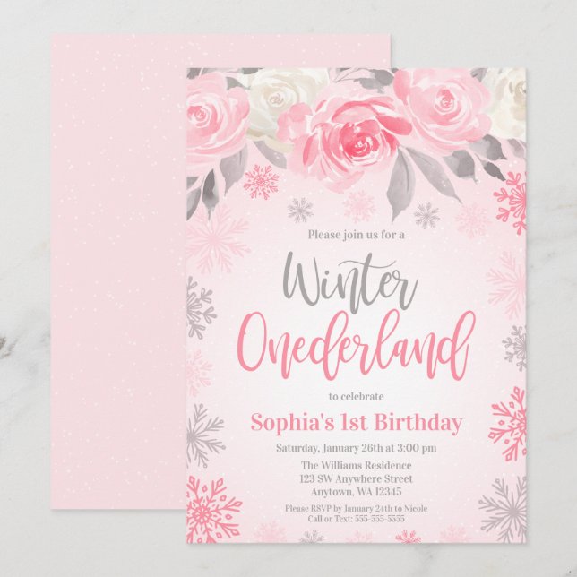 Pink Gray Floral Winter ONEderland 1st Birthday Invitation (Front/Back)