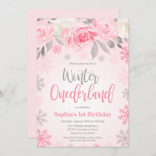 Pink Gray Floral Winter ONEderland 1st Birthday Invitation