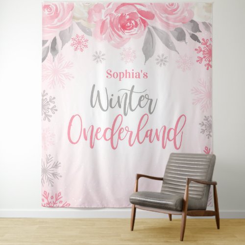 Pink Gray Floral Winter ONEderland Backdrop